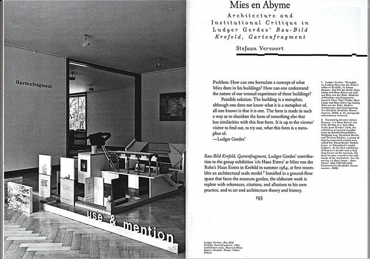 Simone Books book page featuring Mies en Abyme text and a black and white photograph of an architectural installation.