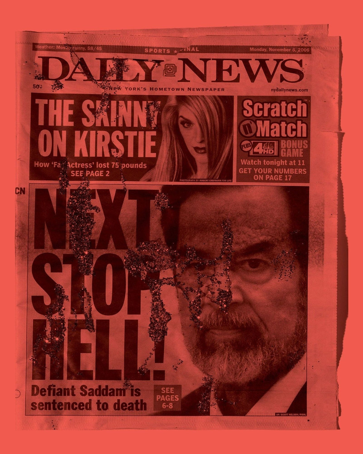 Simone Books Dash Snow zine featuring a red-toned collage of a Daily News front page with bold text and imagery.