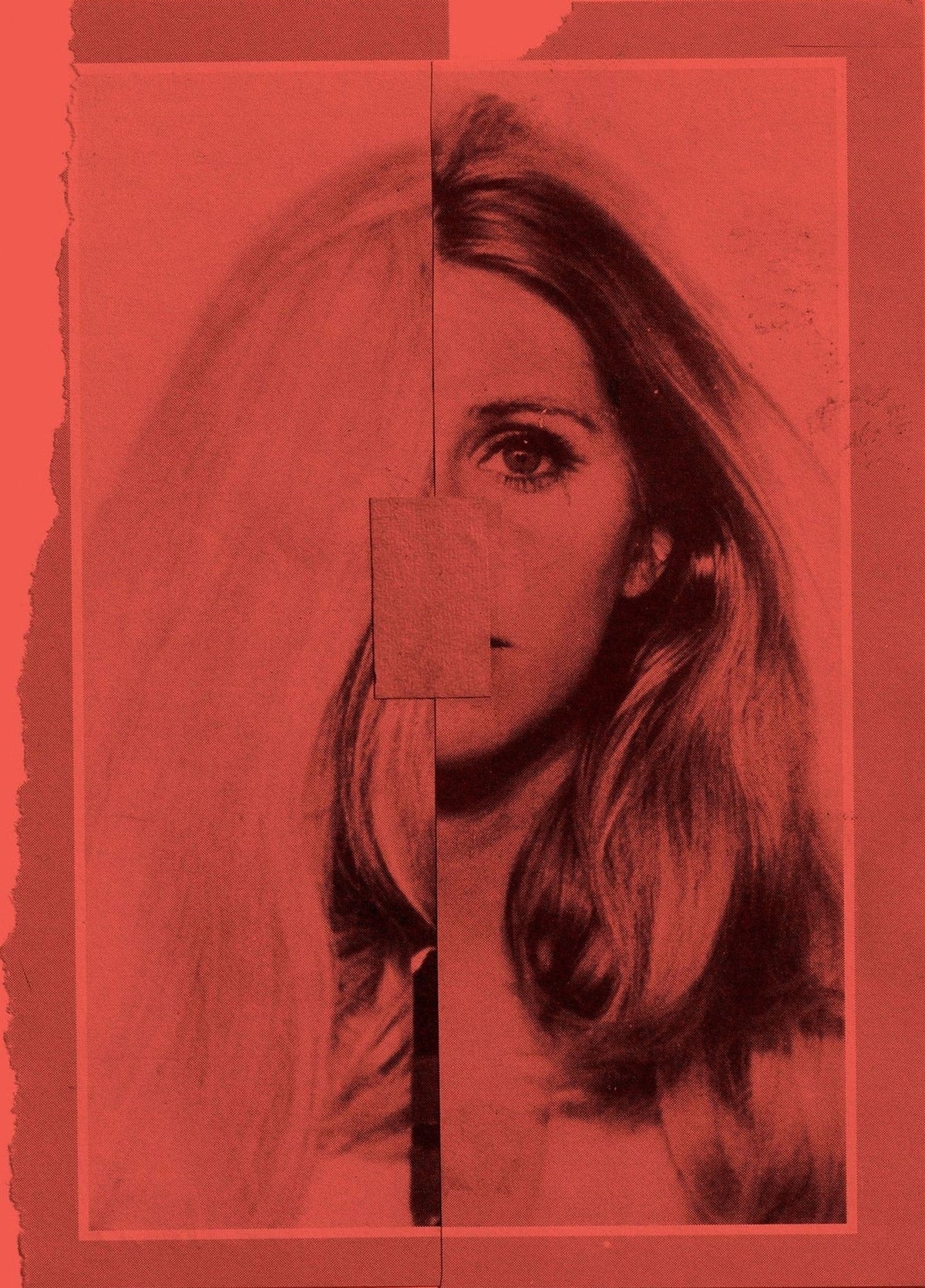 Simone Books Dash Snow zine cover featuring a black and white collage of a woman's face on vibrant red paper stock.