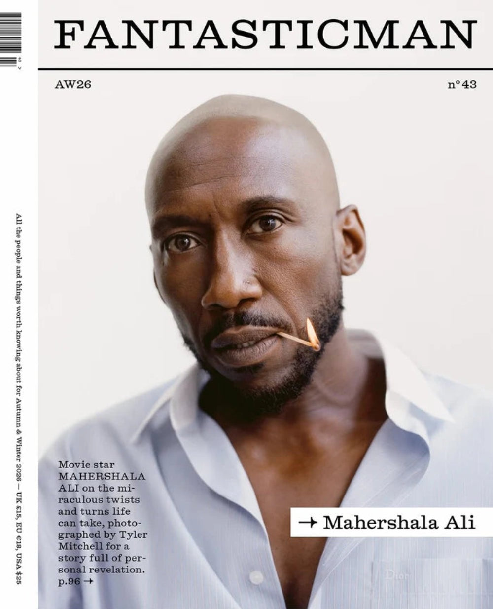Simone Books Fantastic Man Issue 43 magazine cover featuring a portrait of actor Mahershala Ali with a matchstick.