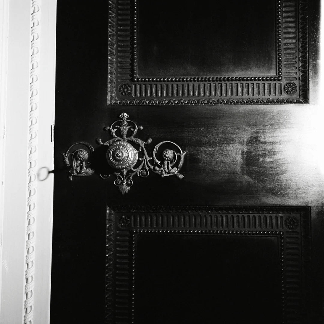 Simone Books Scenery Issue 5 magazine cover featuring a detailed black and white photograph of an ornate door handle.