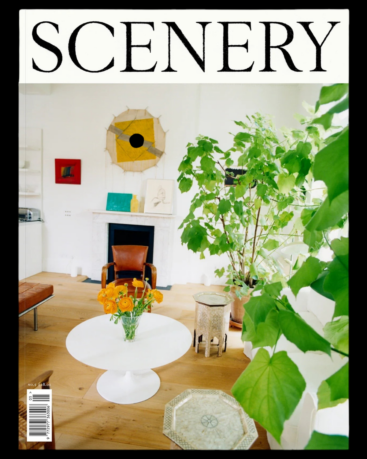Simone Books Scenery Issue 5 magazine cover featuring a bright, modern interior with a white table and orange flowers.