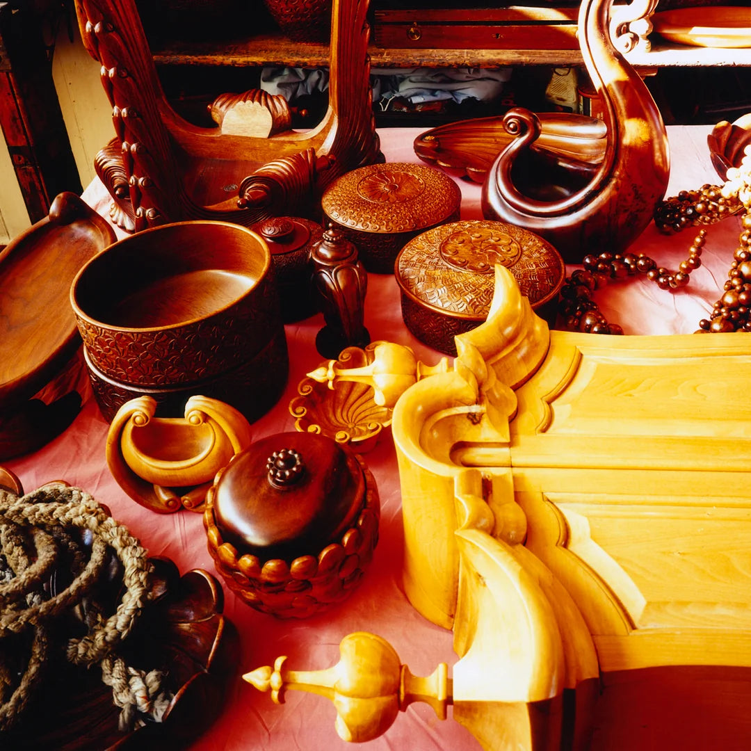 Simone Books Scenery Issue 5 magazine cover featuring a collection of intricately carved wooden decorative objects