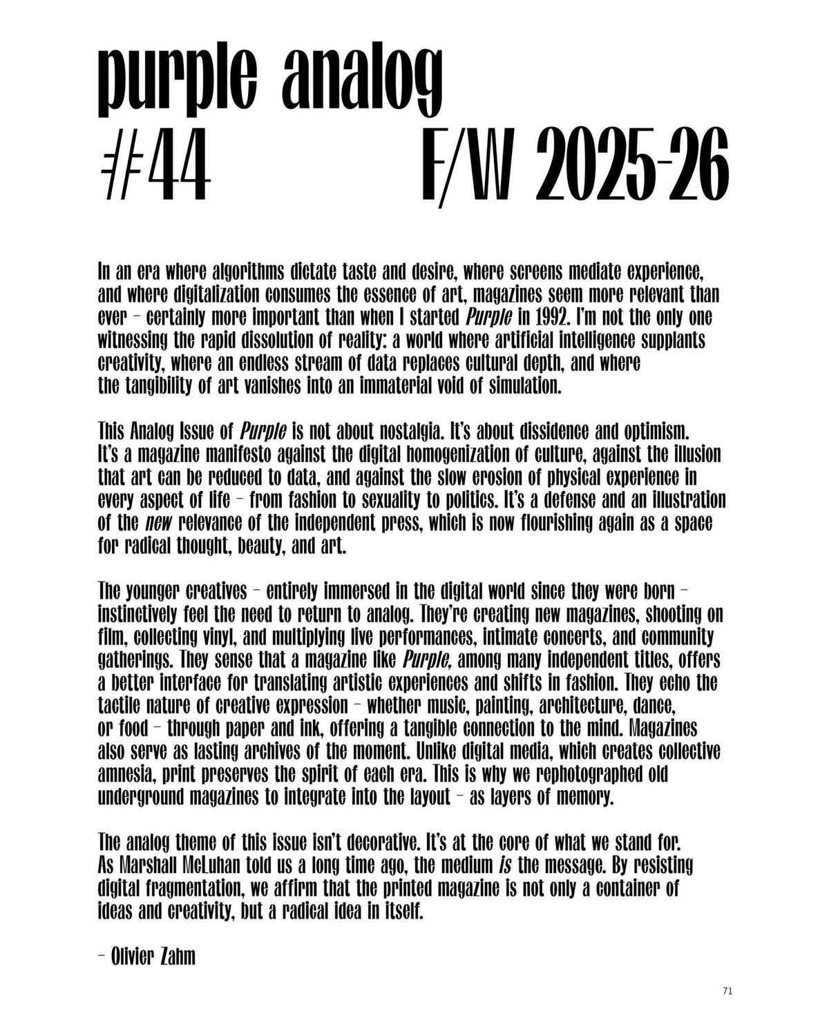 Purple — Issue 44: The Analog Issue, inside pages 1