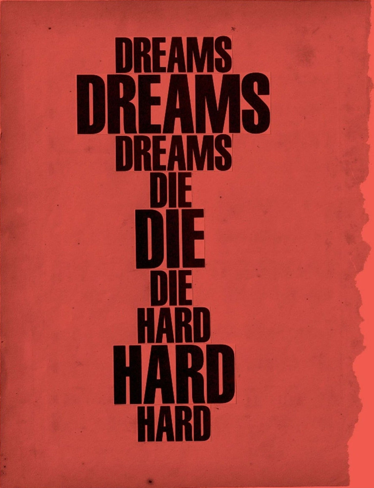 Simone Books zine cover featuring black text collage reading Dreams Die Hard on a vibrant red paper background