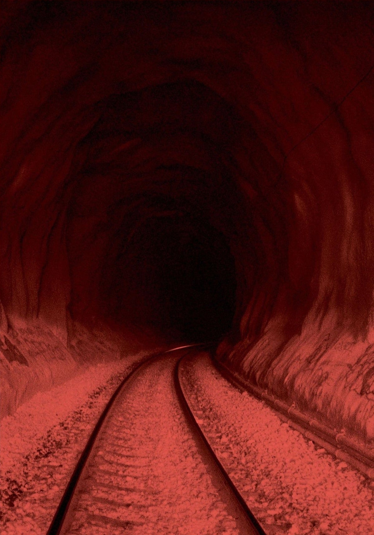 Simone Books Dash Snow Selected Works zine cover featuring a dark tunnel with train tracks in a red monochrome tone