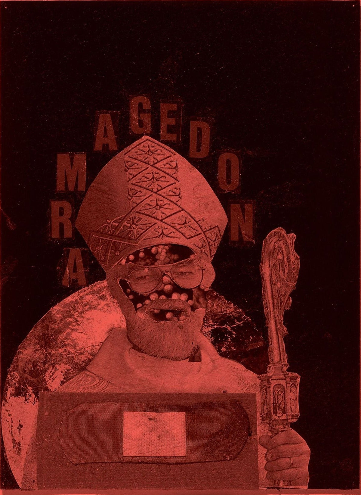 Simone Books Dash Snow zine cover featuring a red-toned Dada-style collage of a figure in ecclesiastical attire.