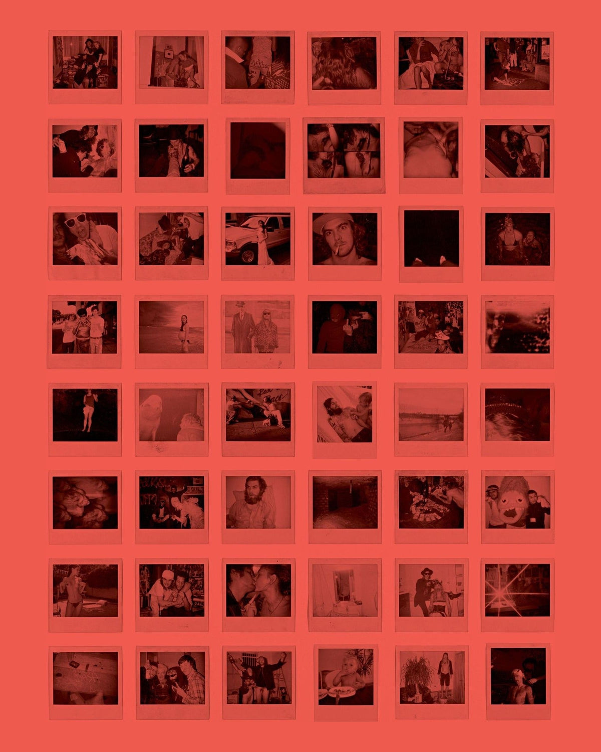 Simone Books Dash Snow zine featuring a grid of black and white Polaroids printed on vibrant red paper stock.