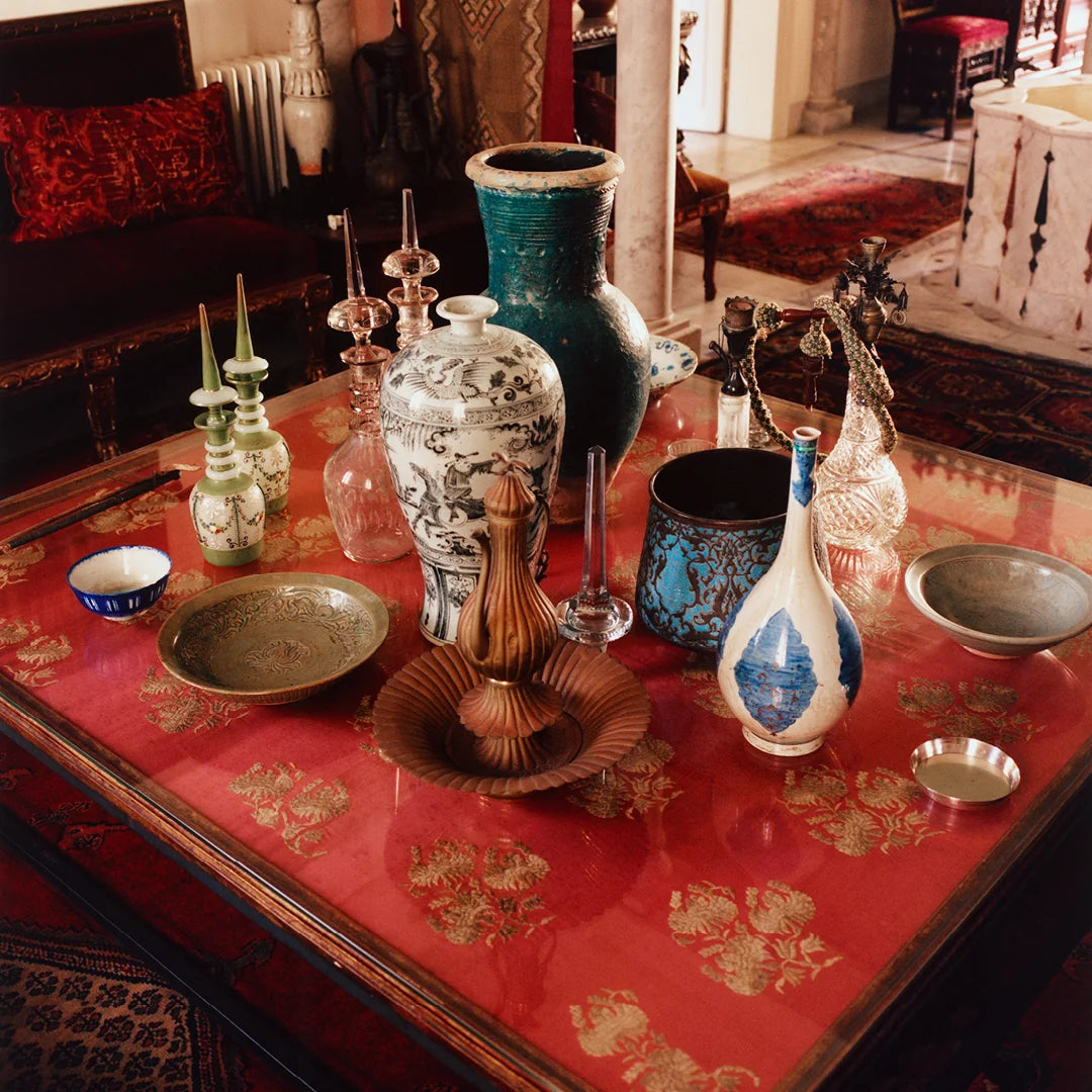 Simone Books Scenery Issue 5 magazine featuring a collection of decorative vases and bowls on a red patterned table