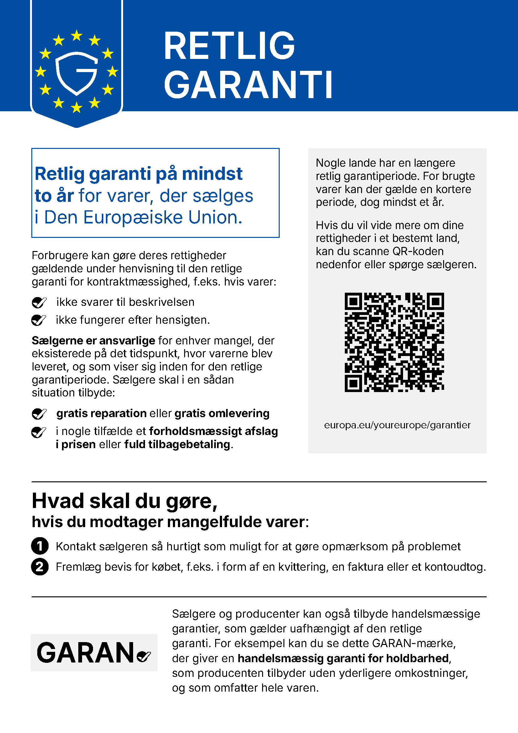Retlig garanti: retlig garanti på mindst to år for varer, der sælges i Den Europæiske Union. Sælgere er ansvarlige for mangler, der eksisterede ved levering, og skal tilbyde gratis reparation eller omlevering, i nogle tilfælde forholdsmæssigt afslag eller fuld tilbagebetaling. Kontakt sælgeren hurtigst muligt og fremlæg bevis for købet.